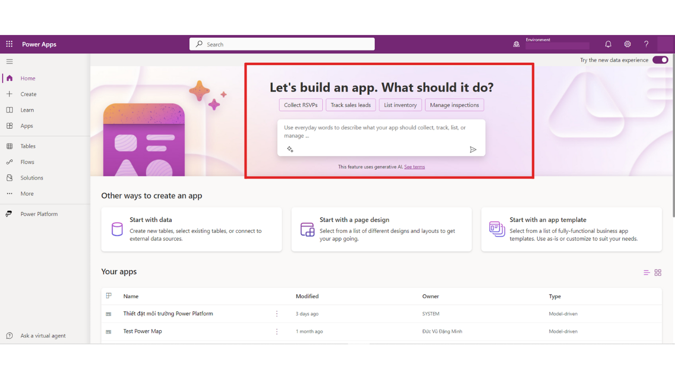 Tạo app bằng AI trong Power Apps
